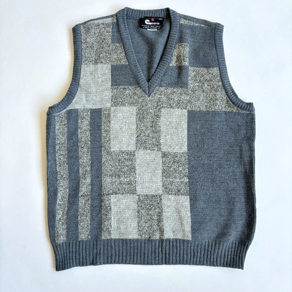 Vintage Other - vintage mens sweater vest XL blue gray geometric wool v-neck unisex 80s 90s